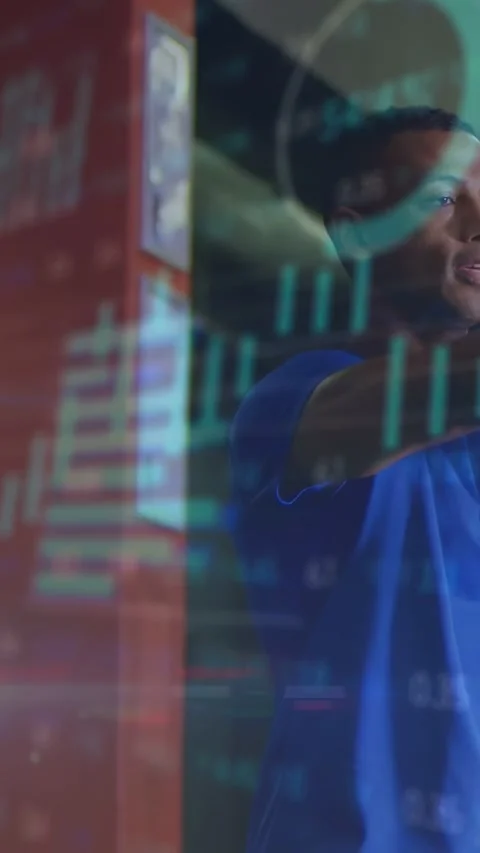 Vertical video: Man entering, reaching red column while finance charts sweeping, Stock Footage 333465249
