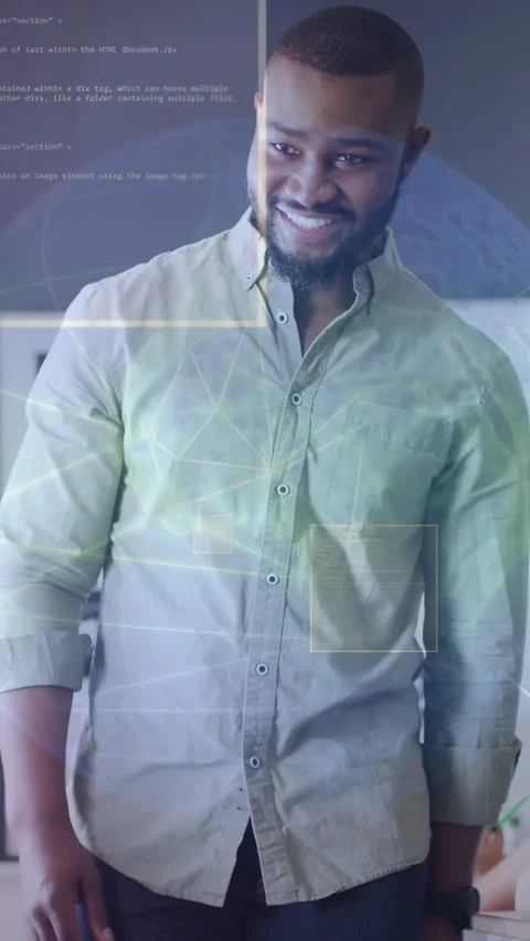 Vertical video: Man entering top-left and speaking, demonstrating tech UI, code Stock Footage 333110155