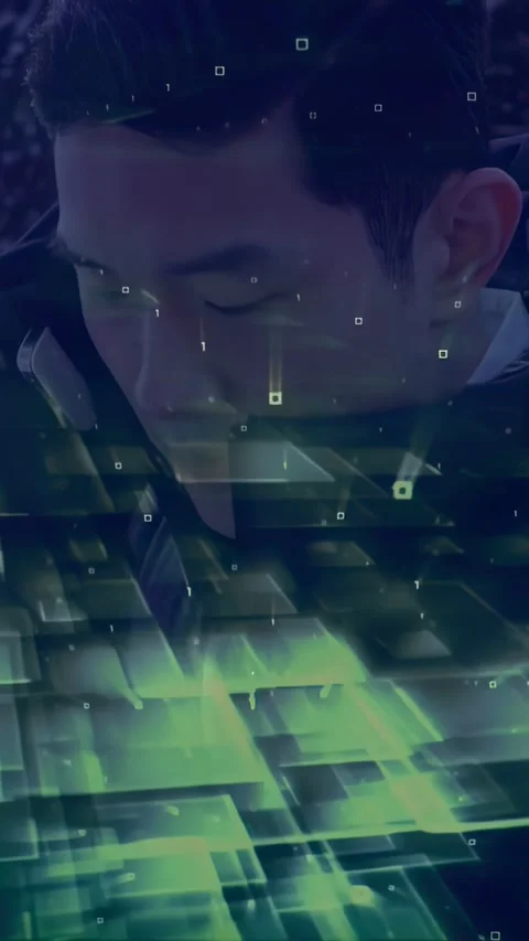 Vertical video: Man entering, turning right, answering phone call in tech, green Stock Footage 332407936