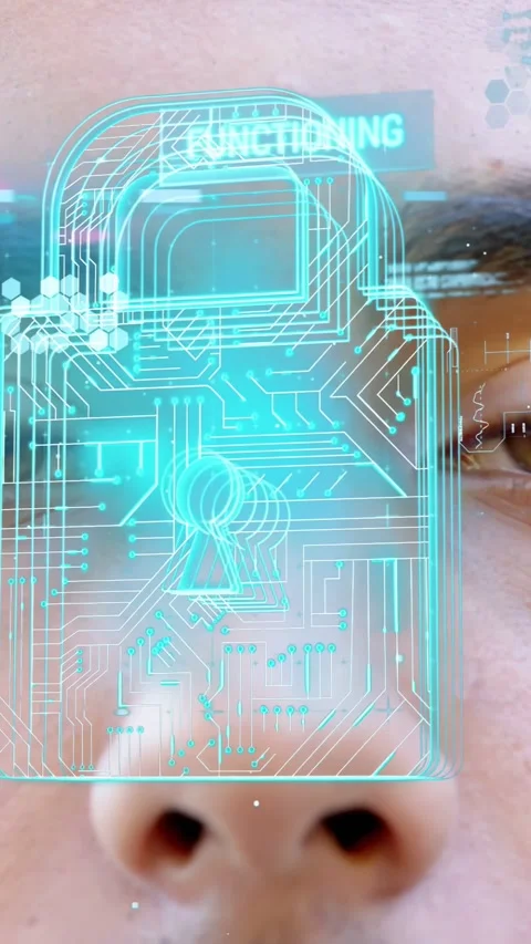 Vertical video: Man facing camera blinking while security scan locking HUD lock Stock Footage 333289364