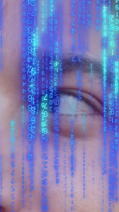 Vertical video: Man facing camera AR filter starting coating face in blue code Stockbeeldmateriaal 335513780