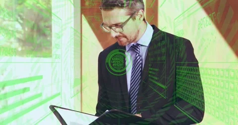 Vertical video: Man flipping folder by window, scanning pages and showing HUD Stock Footage 331757183