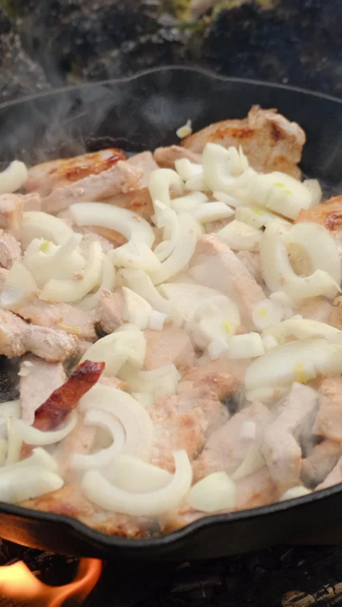 Vertical video of man frying meat and onions in pan on bonfire at winter time Stock Footage 308718359