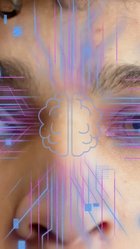 Vertical video: Man gazing, filter activating on face, animating brain, Stock Footage 333236437