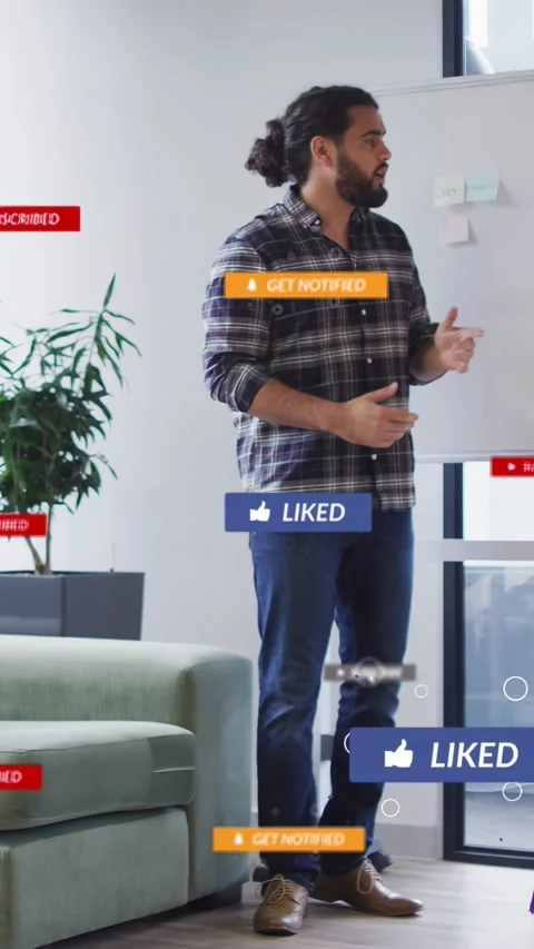 Vertical video: Man gesturing at board in office, cursor click causing LIKE tags Stock Footage 335513521