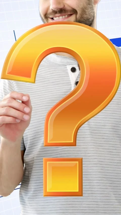 Vertical video: Man gesturing fingers as 3D question mark entering left over Stock Footage 333496424