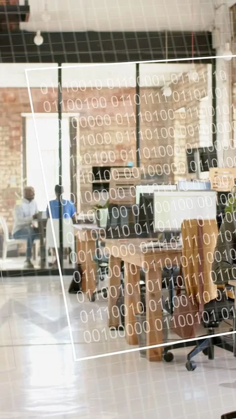 Vertical video: Man gesturing in glass room while COLLECTING DATA text Stock Footage 333692131