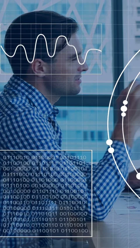 Vertical video: Man gesturing at laptop causing tech overlays showing wave and Stock Footage 333840277