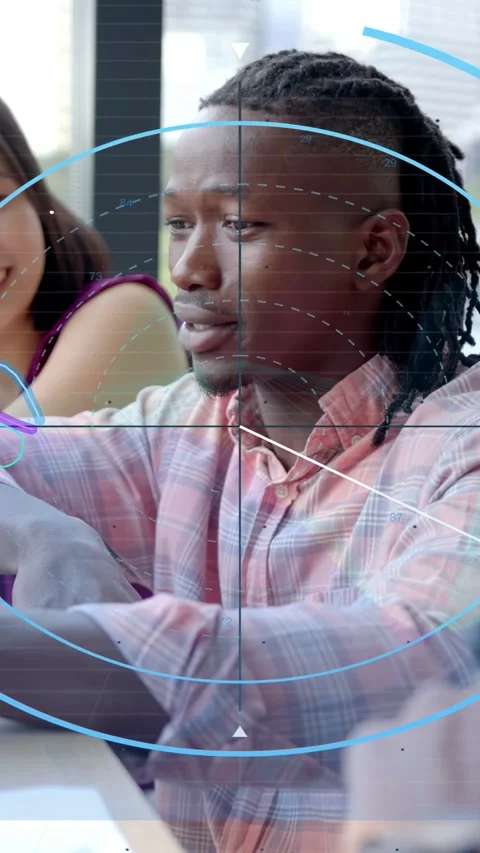 Vertical video: Man gesturing in meeting, driving HUD waves matching hands to Stock Footage 333487466