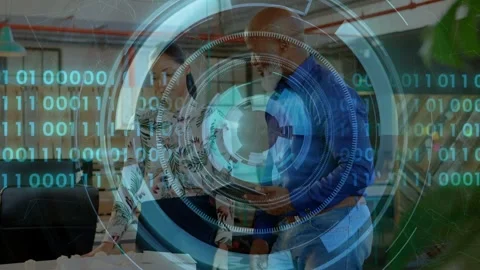 Vertical video: Man gesturing tablet, woman leaning desk activating AR rings Stock Footage 333594517