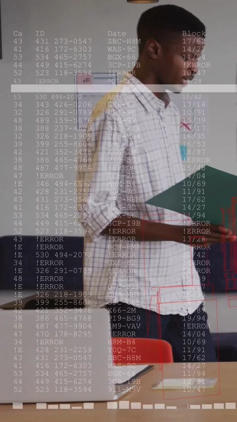 Vertical video: Man with green folder presenting tech project, error overlay Stock Footage 334396222