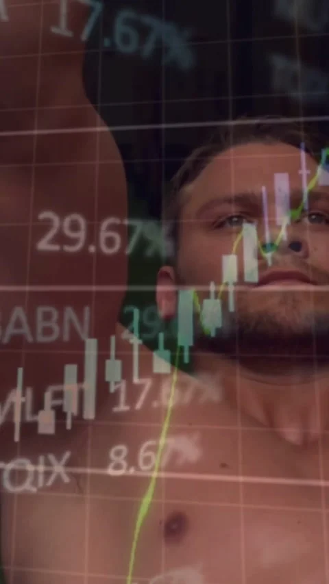 Vertical video: Man gripping bar in gym, driving market charts rising or falling Stock Footage 334397891
