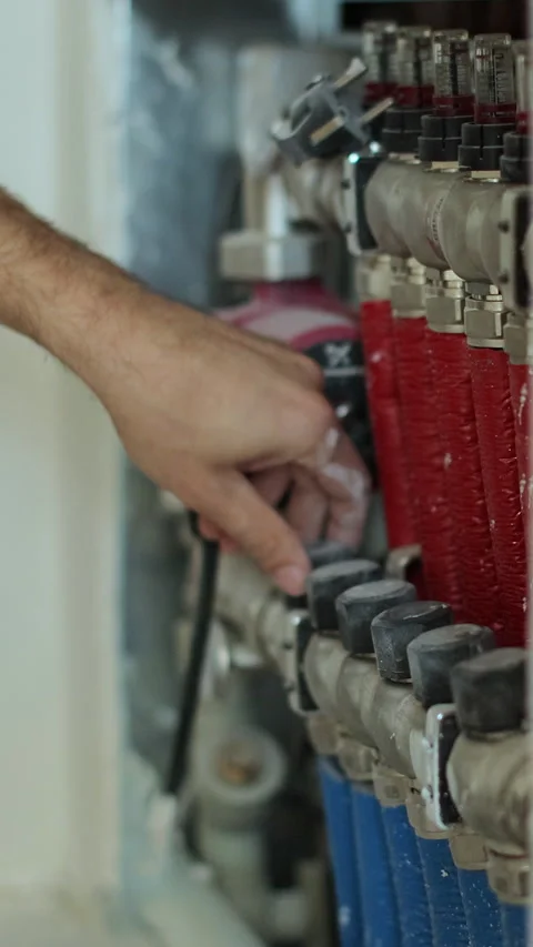 Vertical video Man hand adjusts the heat supply in the underfloor Stock Footage 339061982
