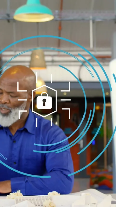 Vertical video: Man handling items on data input for security, HUD appearing Stock Footage 330286570