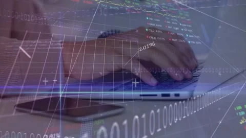 Vertical video: Man hands resting then typing on laptop binary code rising into Stock Footage 332280536