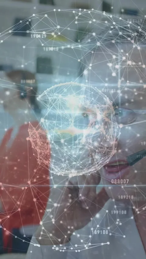 Vertical video: Man with headset touching network globe, nodes pulsing while Stock Footage 334544829