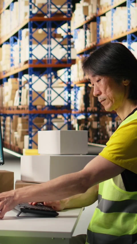 Vertical Video Man in hi vis vest reviews shipment details on awb tags for Stock Footage 312579318