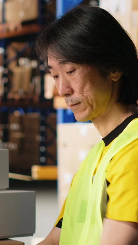 Vertical Video Man in hi vis vest reviews shipment details on awb tags for Stock Footage 312649909