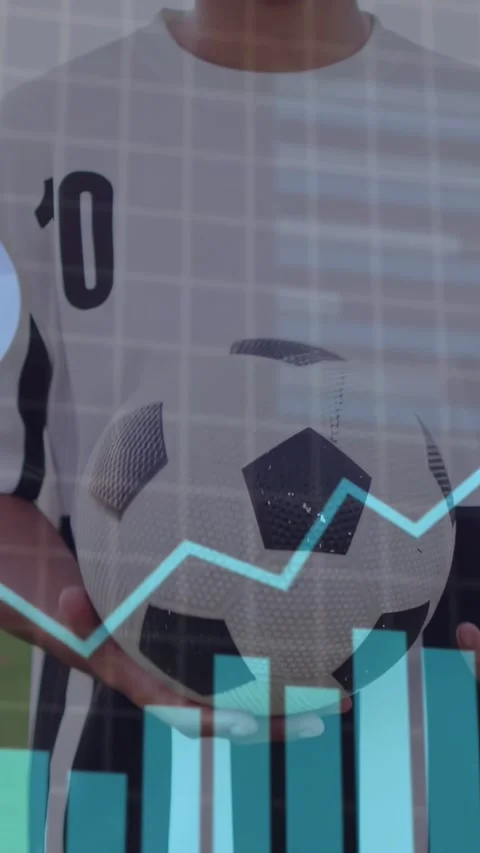 Vertical video: Man holding ball, sports overlay appearing and analyzing play Stock Footage 333821514