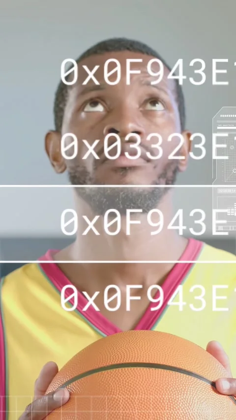 Vertical video: Man holding ball and looking up aiming, causing sports HUD with Video stock 340133556