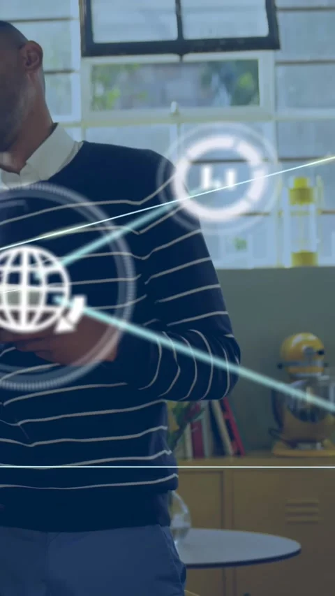 Vertical video: Man holding mug and talking, sparking network nodes around hands Stock Footage 334317518