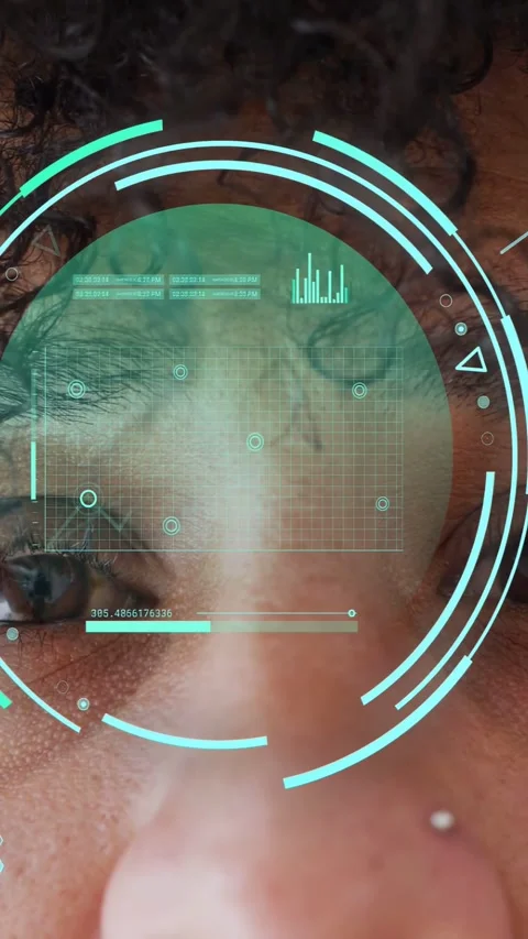 Vertical video: Man holding phone close, phone applying AR HUD on nose, graph Stock Footage 333480592
