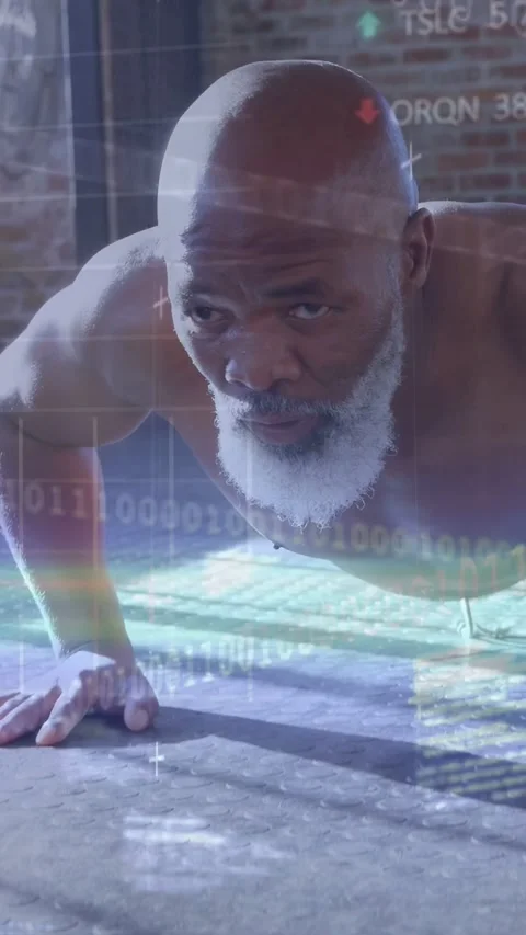Vertical video: Man holding plank, doing pushups as camera widening, binary Stock Footage 333595940