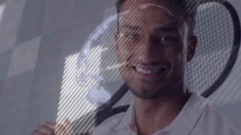 Vertical video: Man holding racket, projector sweeping map into globe on face Vidéo 332614262