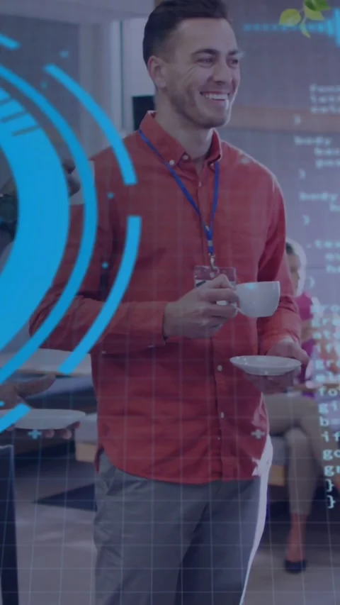 Vertical video: Man holding teacup at business laughing after offscreen joke, Stock Footage 332317653