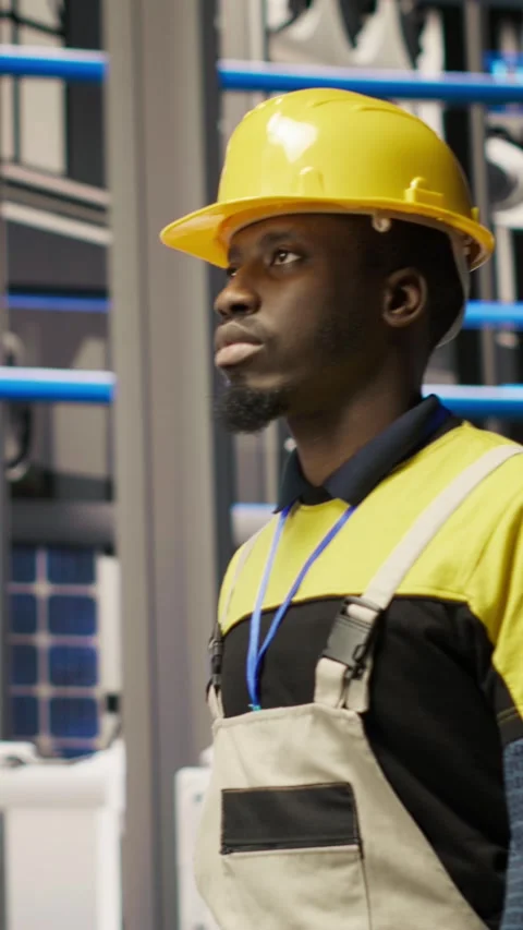 Vertical video Man holding toolbox walking in factory, inspecting systems Stock Footage 307068939