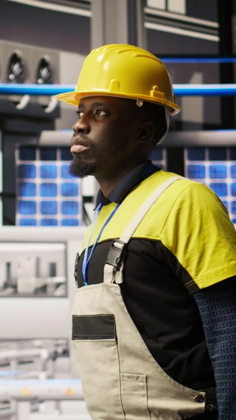 Vertical video Man holding toolbox walking in factory, inspecting systems Stock Footage 307070032