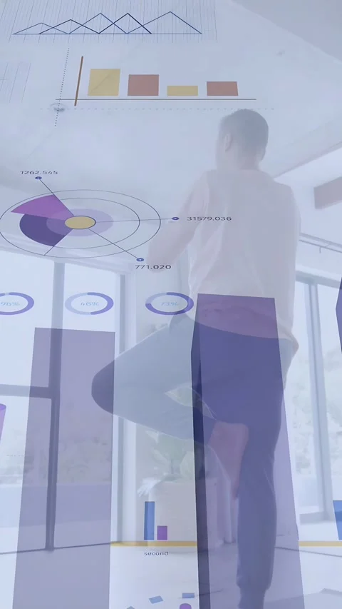 Vertical video: Man holding tree pose by windows stepping causing data charts Stock Footage 333650109