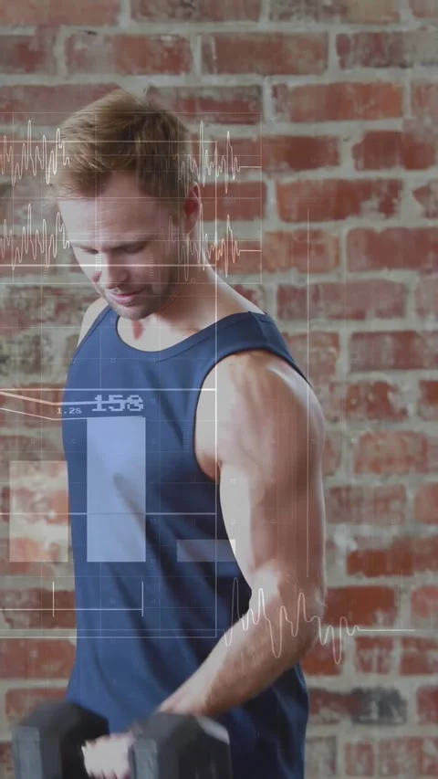 Vertical video: Man holding weights curling for health with overlay graphs and Stock Footage 330720411