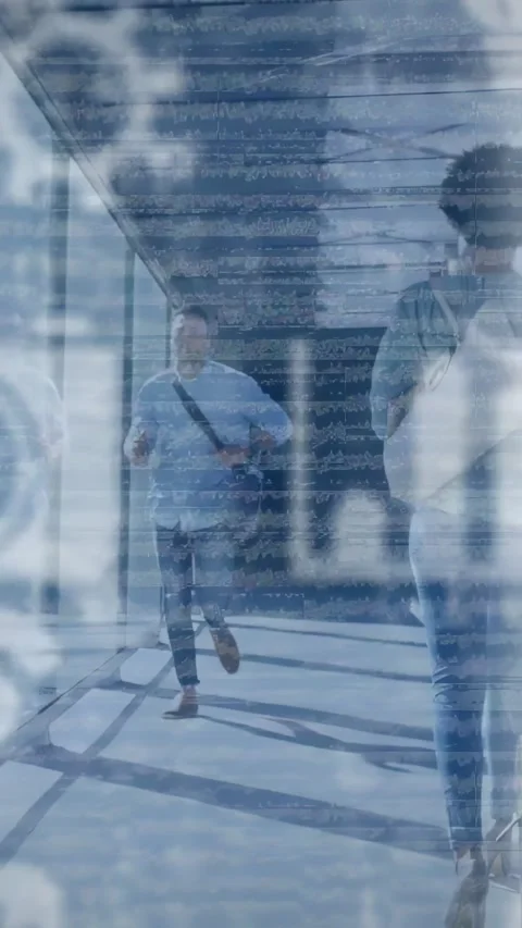 Vertical video: Man hurrying to catch train woman keeping pace, patterned Stock Footage 333541925