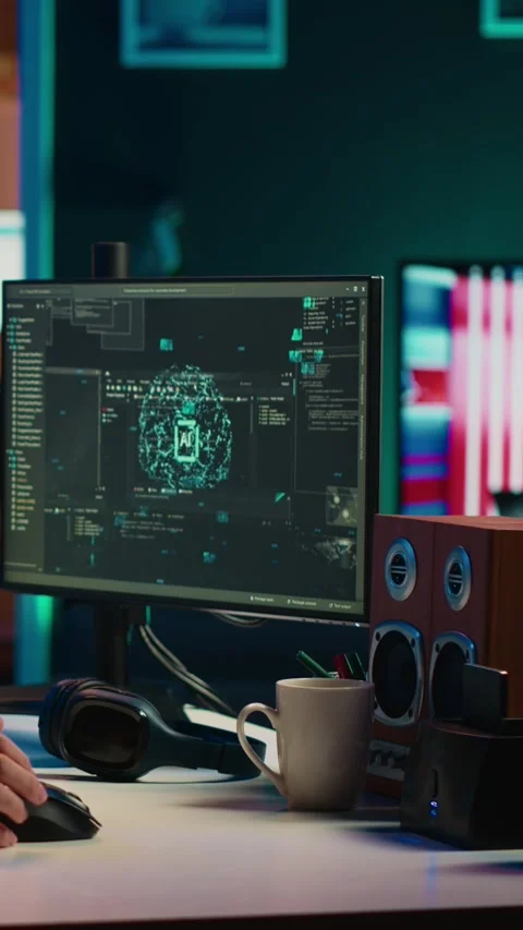 Vertical video Man inserting disk into PC containing software turning AI into Stock Footage 266749004
