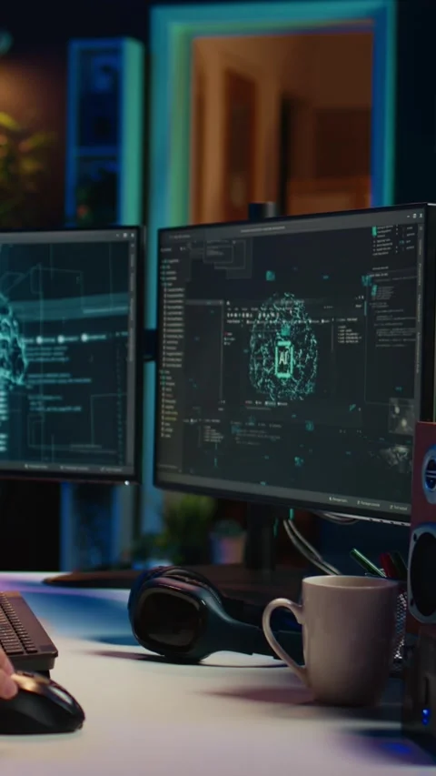 Vertical video Man inserting disk into PC containing software turning AI into Stock Footage 266750701