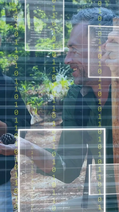 Vertical video: Man kneeling offering pine cone teaching child, AR overlay Stock Footage 334156963