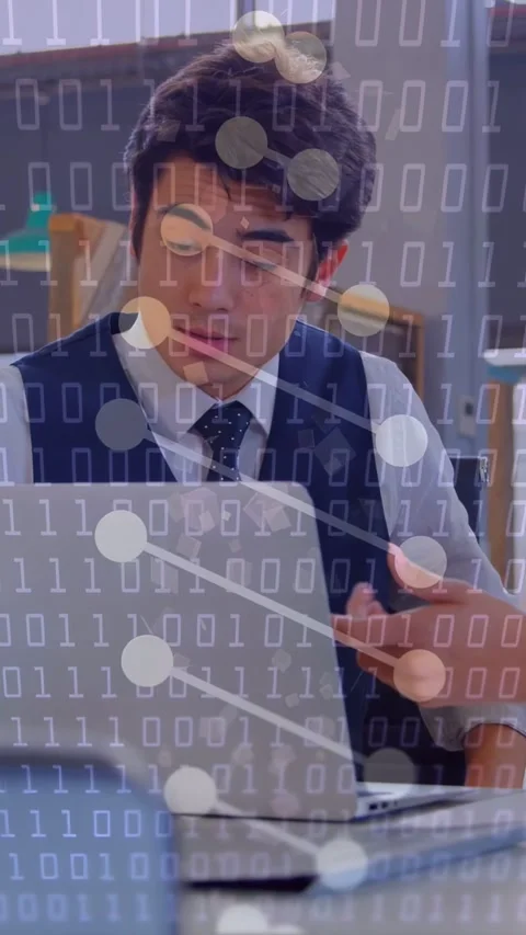 Vertical video: Man at laptop pausing when peer touching arm for help binary Stock Footage 334423448