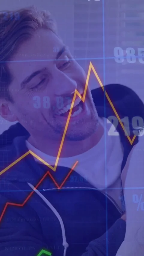 Vertical video: Man laughing and petting dog as dog licking, finance charts Stock Footage 334317857