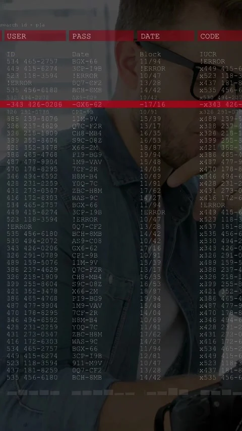 Vertical video: Man leaning at desk, overlay appearing, scanning USER or PASS or Stock Footage 334024815