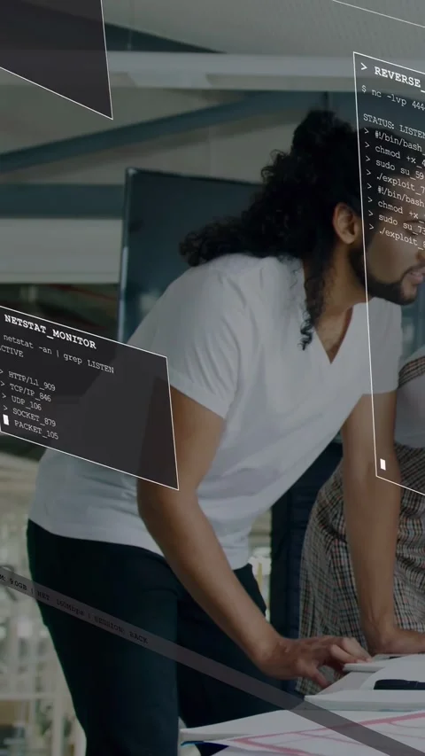 Vertical video: Man leaning on desk typing and updating code overlays over torso Vidéo 337538837