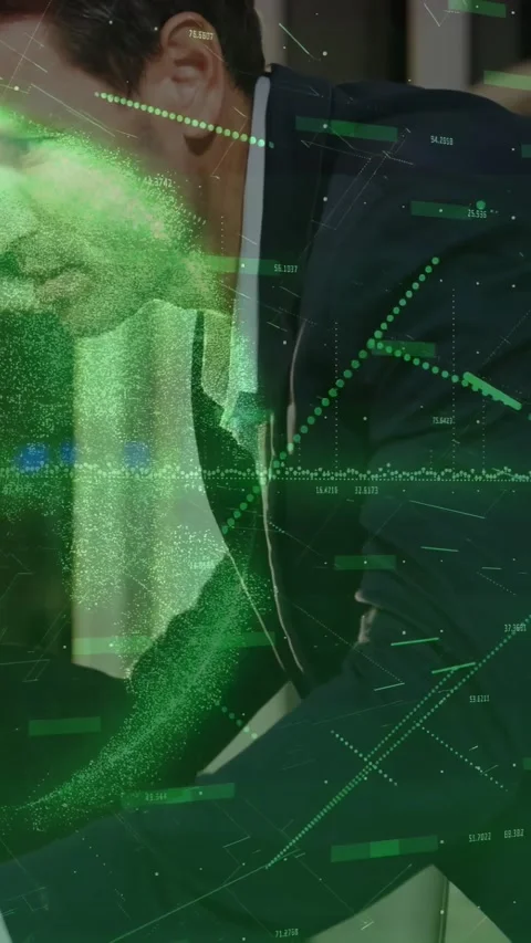 Vertical video: Man leaning forward, causing data globe and grid sweeping face, Stock Footage 334391314