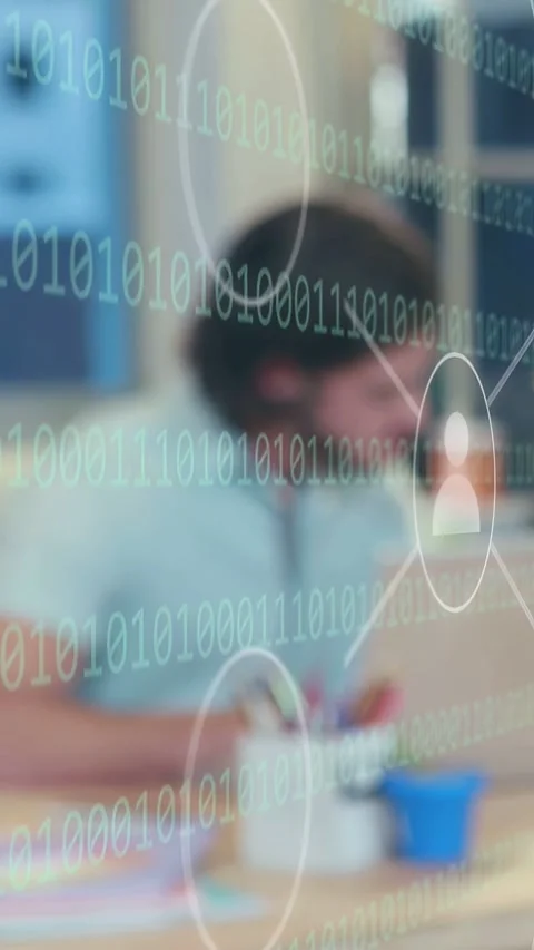 Vertical video: Man leaning, grabbing pen and writing as binary nodes animating Stock Footage 334837005