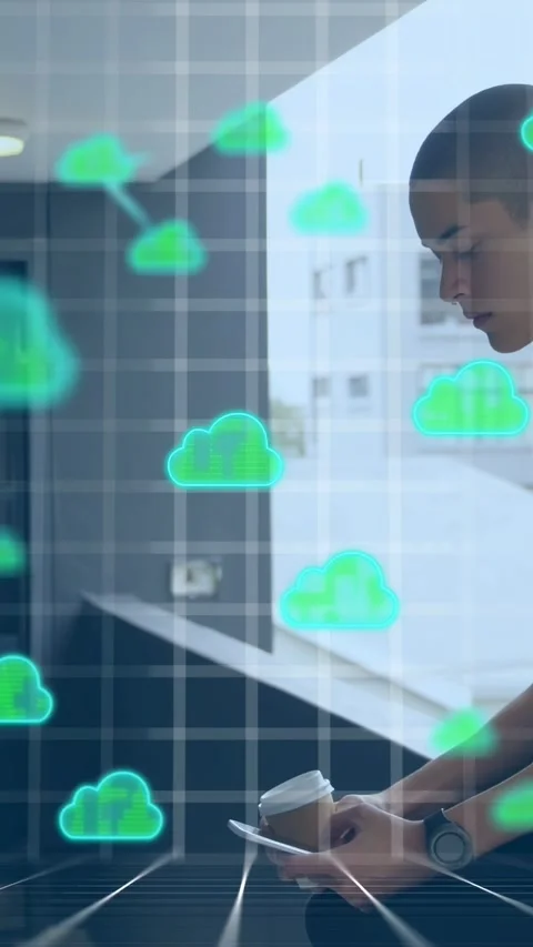 Vertical video: Man leaning on ledge tapping phone checking cloud data with neon Stock Footage 333953904