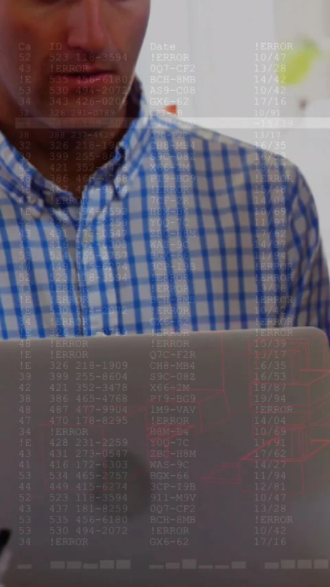 Vertical video: Man leaning over laptop, tech overlay showing ERROR after man Stock Footage 330964697