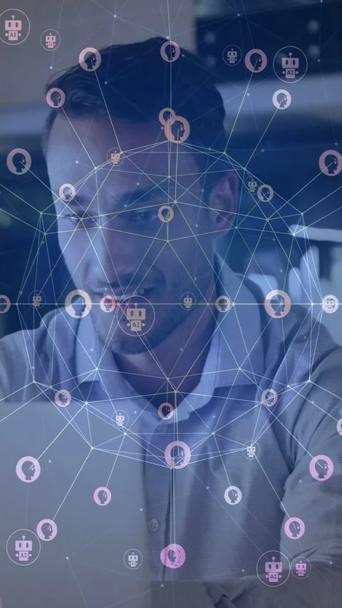 Vertical video: Man leaning into PC scanning data for tech while network nodes Stock Footage 333020921