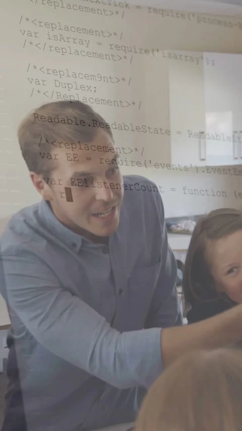 Vertical video: Man leaning by pointing right, teaching kids in kitchen while Stock Footage 332278379