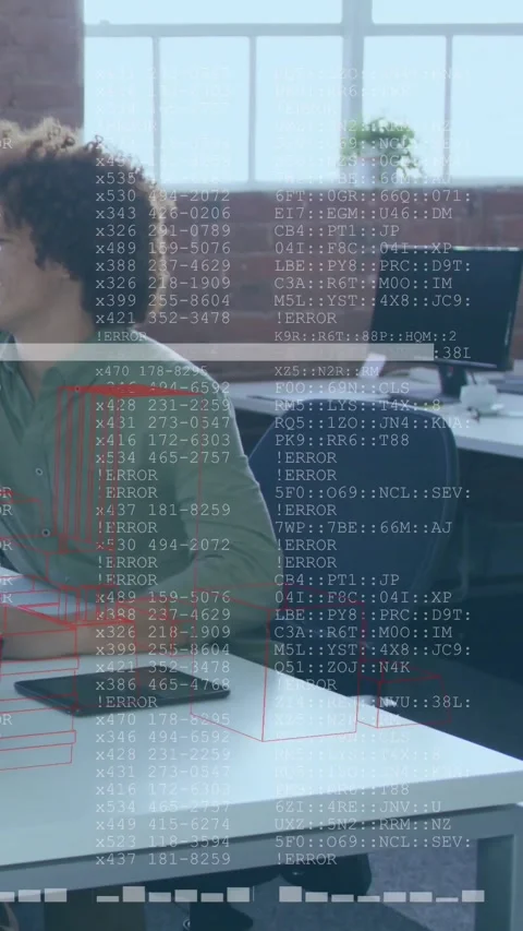 Vertical video: Man leaning reaching left, tablet spawning red HUD code overlay, Stock Footage 330242434