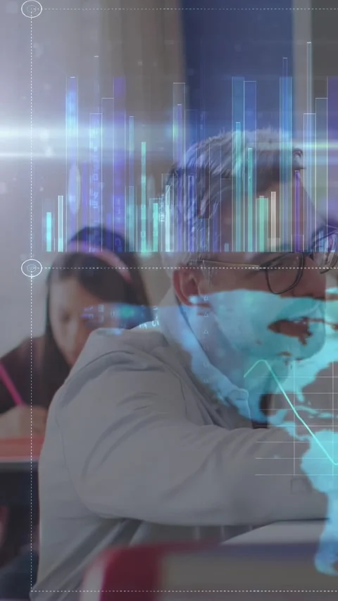 Vertical video: Man leaning, taking notes in class while hologram bars, world Stockbeeldmateriaal 334386334