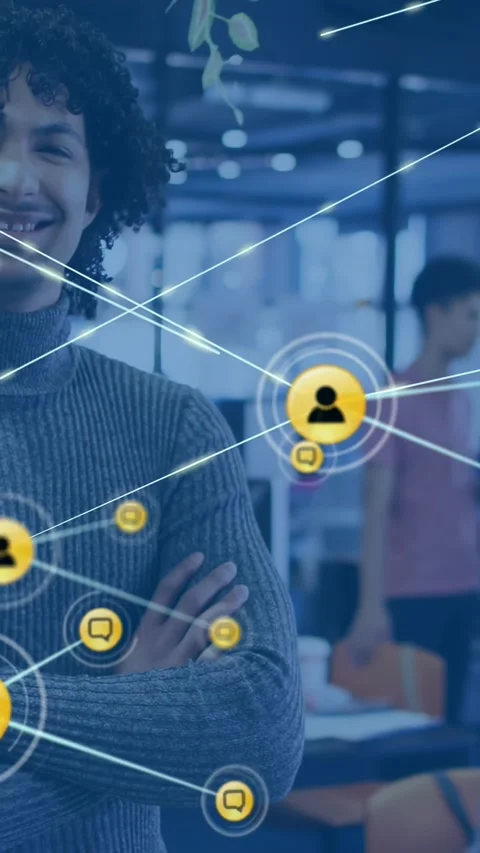 Vertical video: Man left smiling icon popping node web sweeping over him showing Video stock 334390585